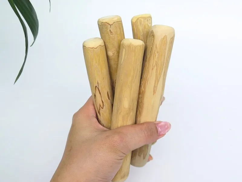 Bó thanh gỗ cà phê cho chó gặm cầm trên tay, thấy rõ vân gỗ