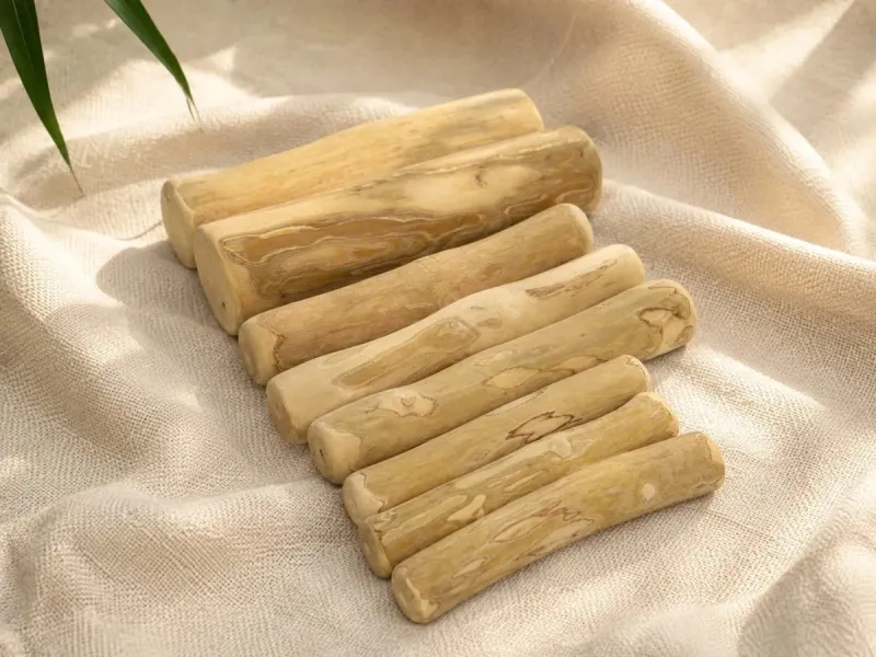 Thanh gỗ cà phê cho chó gặm nhiều size xếp từ lớn tới nhỏ trên tấm vải mộc